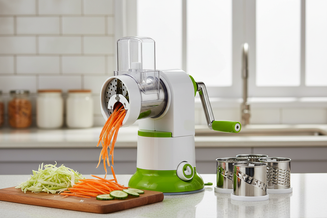 4-in-1 rotary vegetable slicer with suction base and interchangeable blades for fast, safe vegetable prep in Indian kitchens